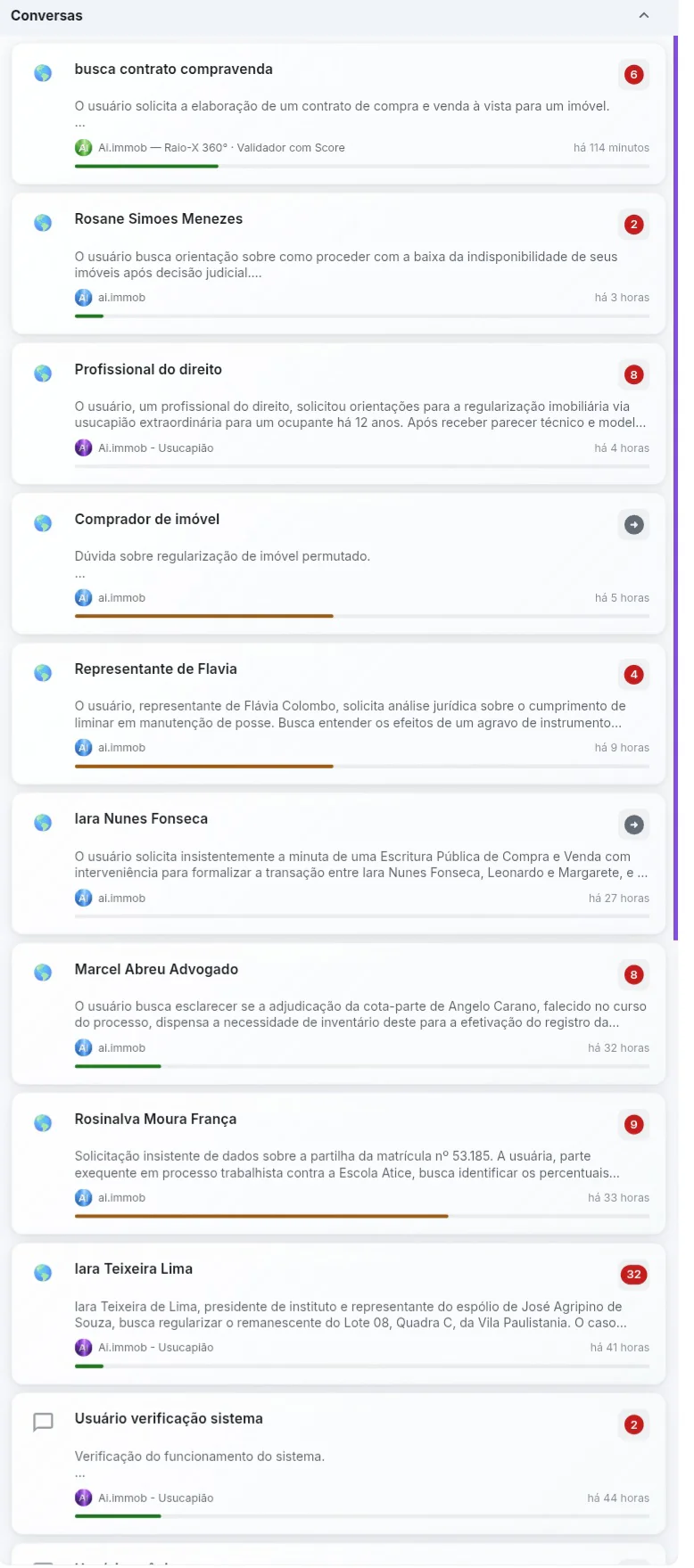 Conversas reais na AI.immob — painel Chatvolt ao vivo